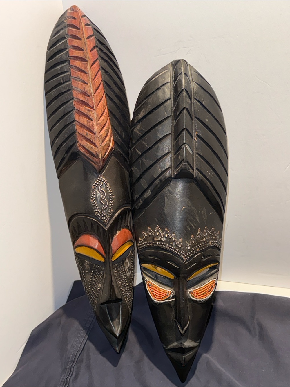 Lot If 2 Vintage African Tribal Hand Carved Wall Art Masks 20 Inches